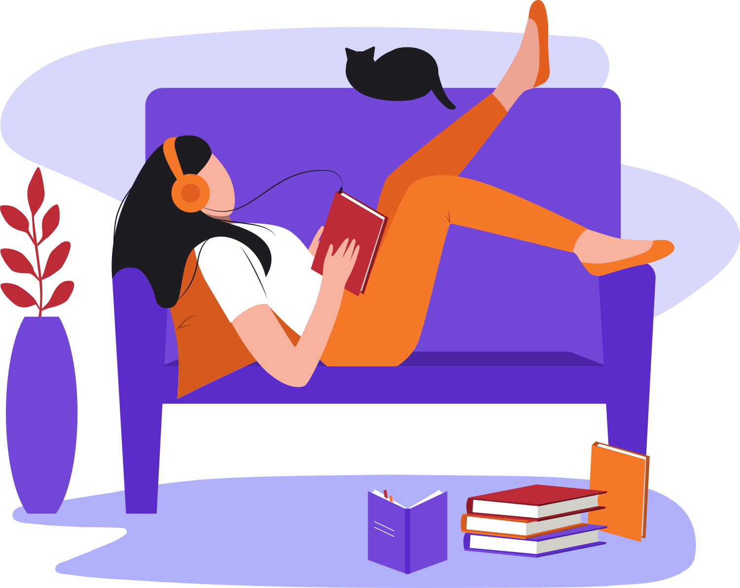 Une femme allongée sur son canapé écoute un livre audio